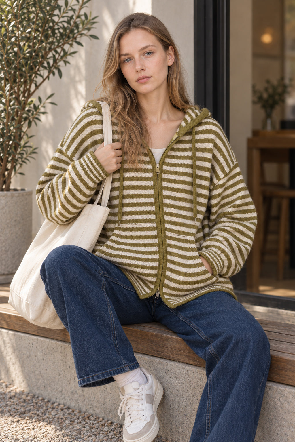 Contrasting Colors Striped Hooded Zipper Cardigan