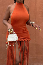 Solid Fringe Halter Backless Fitted Midi Dress
