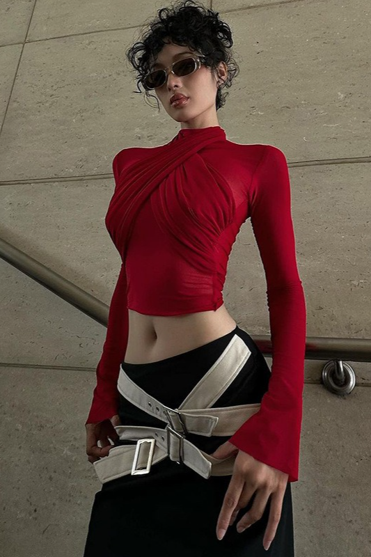 Slim Strappy Paneled Long Sleeve Stylish Crop Top Main image