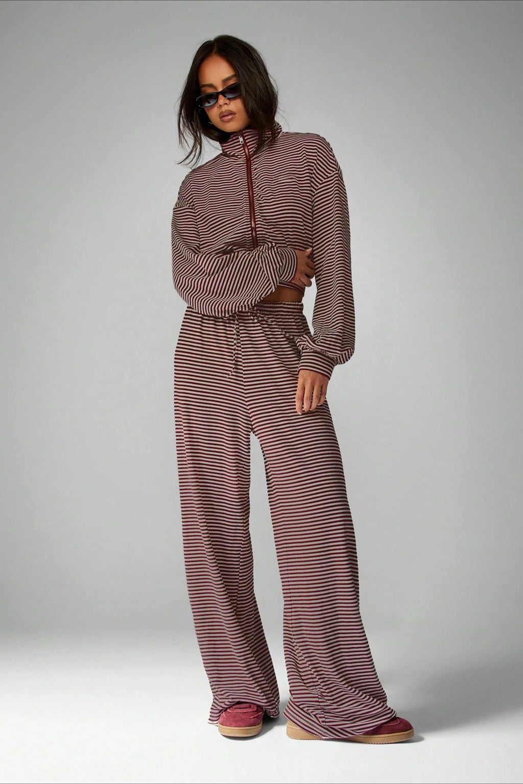 Micro Stripe Zip Jacket Wide Leg Pants Two Piece Set