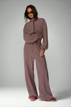 Micro Stripe Zip Jacket Wide Leg Pants Two Piece Set