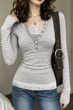 Striped Lace Trim Layered V Neck T-Shirt