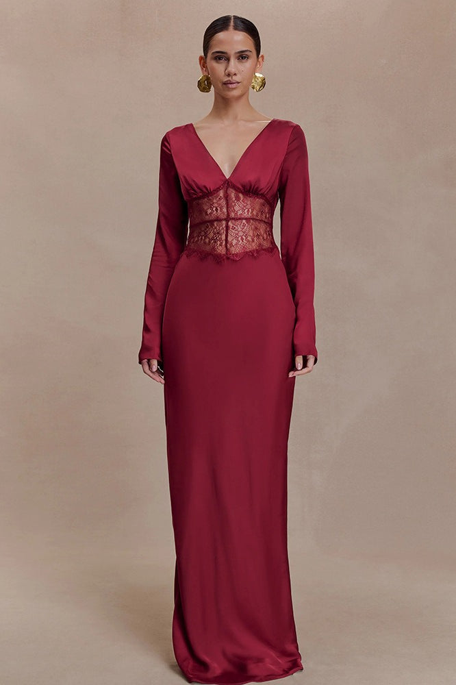 Deep V-Neck Lace Panel Bodycon Maxi Lace Dress Main image