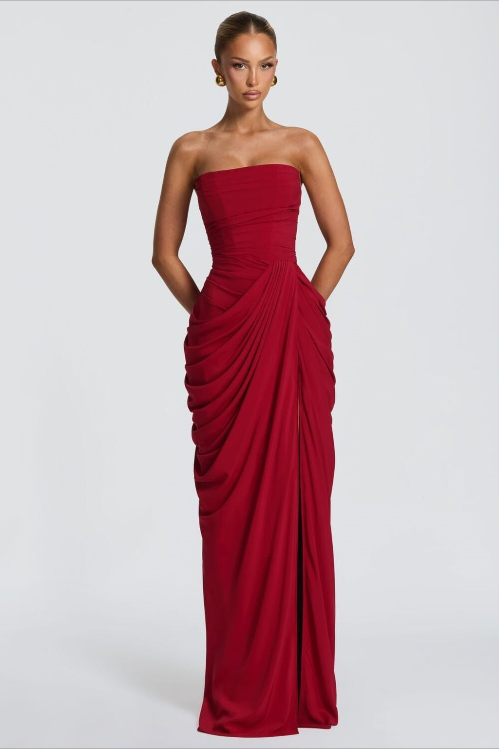 Strapless Asymmetric Ruched High Slit Dress