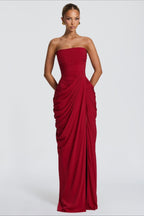 Strapless Asymmetric Ruched High Slit Dress