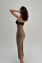 Lace Trim Leopard Cami Sequin Backless Fit Lace Dress