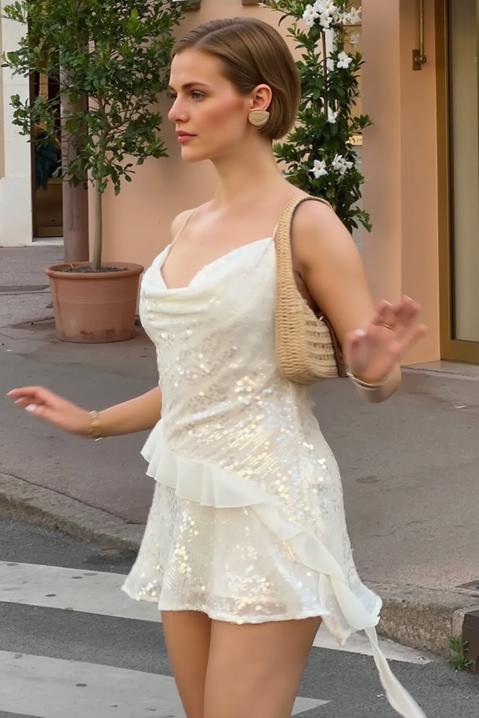 Sequin Cowl Neck Asymmetrical Ruched Slip Dress Secondary image