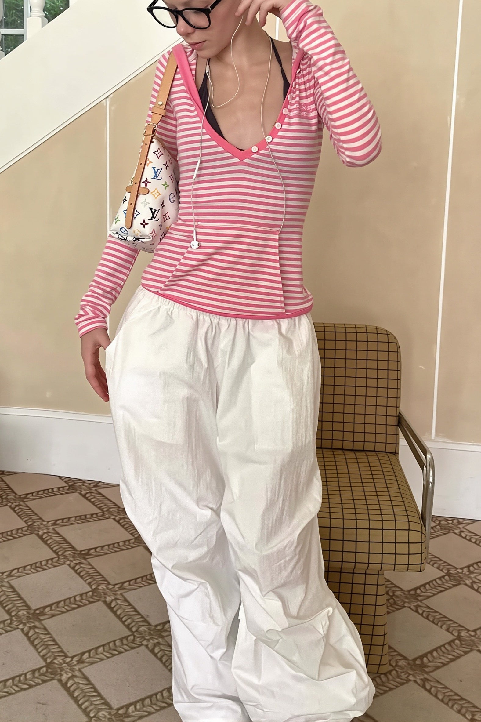 Pink Striped Deep V Neck Hoodie Secondary image