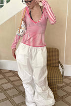 Pink Striped Deep V Neck Hoodie