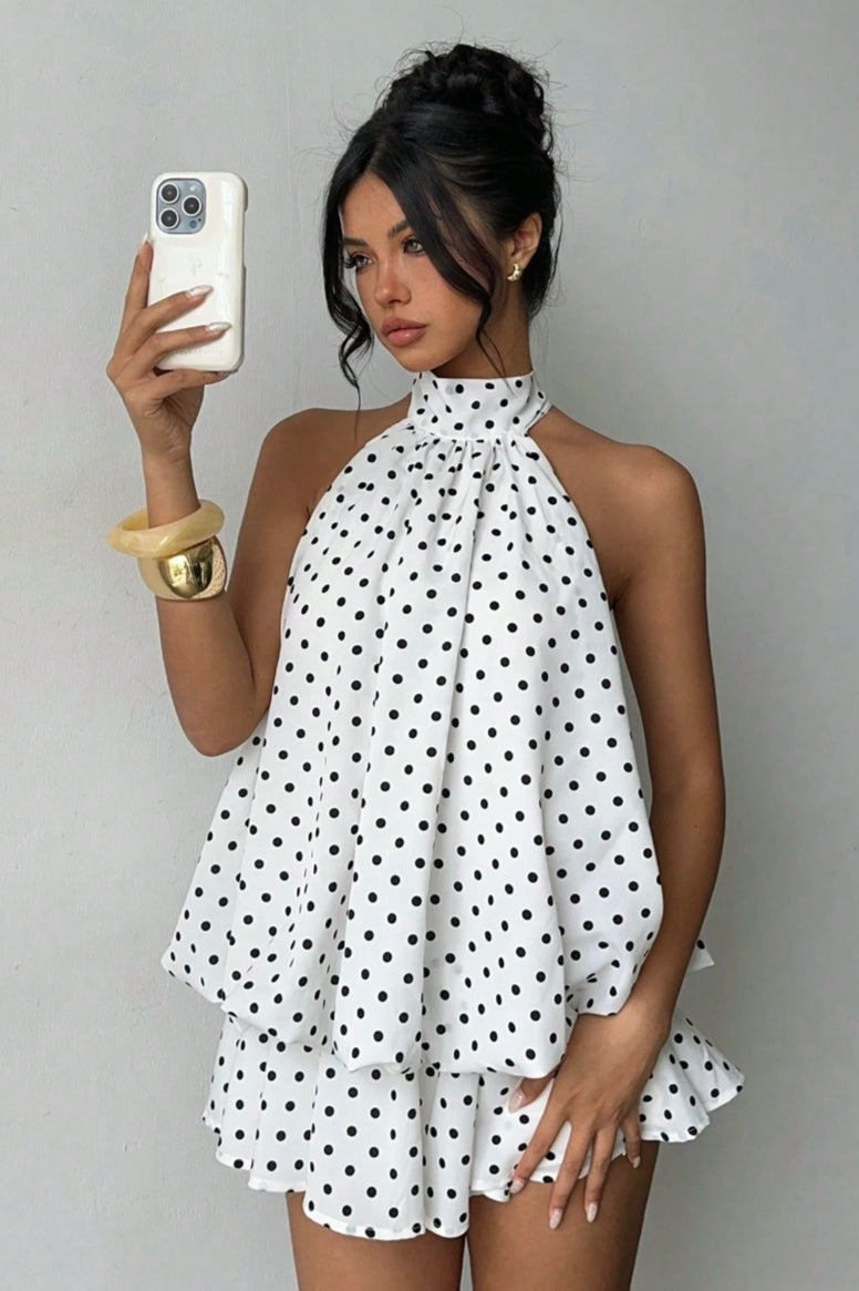 Polka Dot Halter Backless Lace-Up Flared Mini Dress