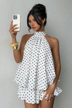 Polka Dot Halter Backless Lace-Up Flared Mini Dress