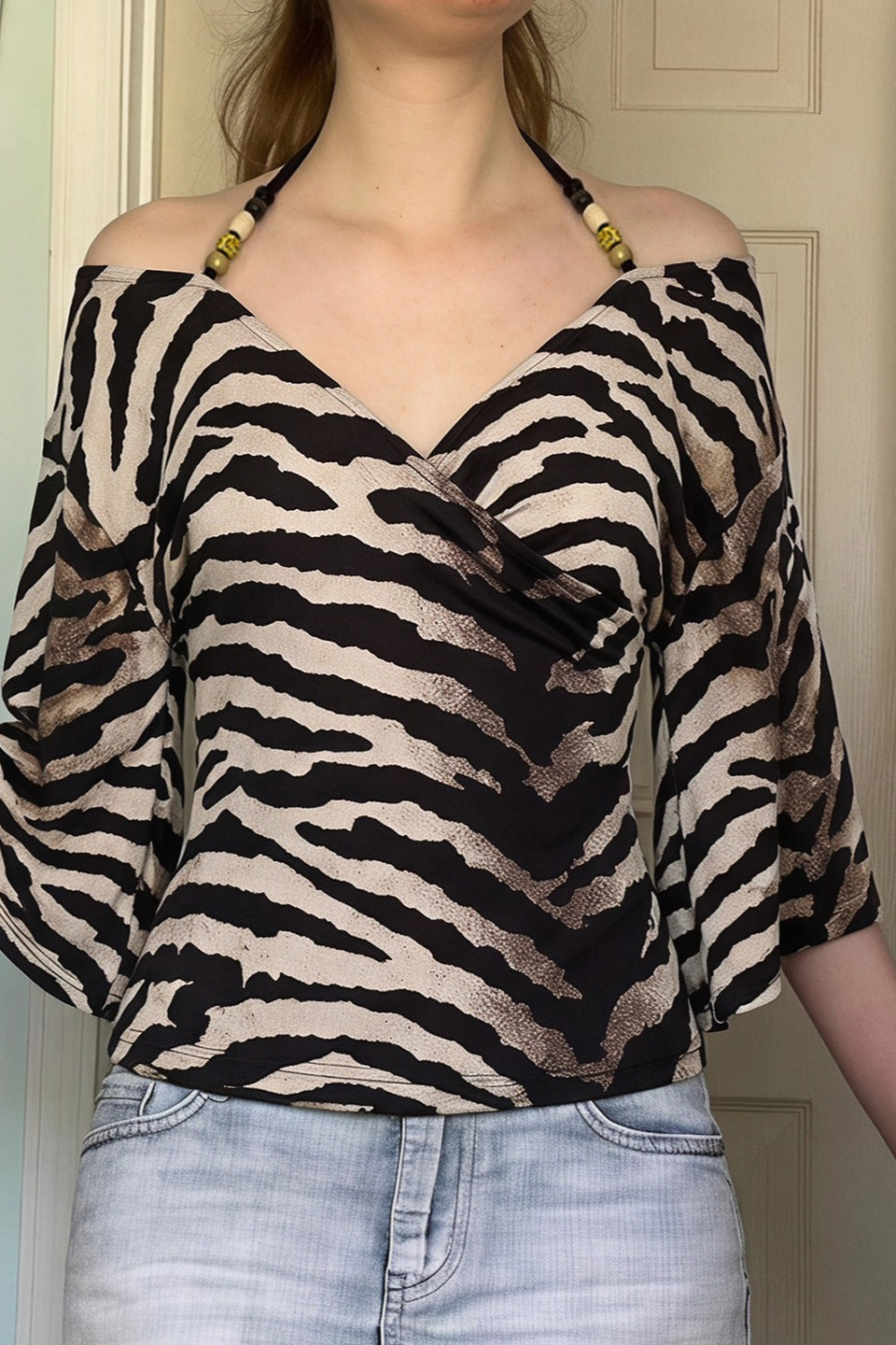 Zebra Beaded Halter Bell Sleeve T-Shirt