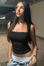 Solid Square Neck Lace Panel Fitted Crop Top