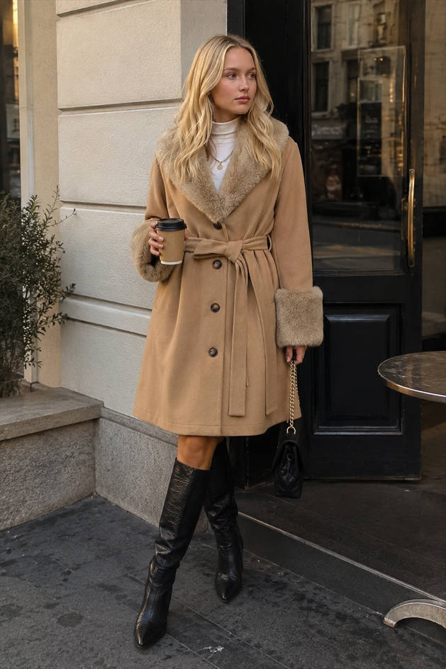 Fur Collar Belted Midi Trench Coat