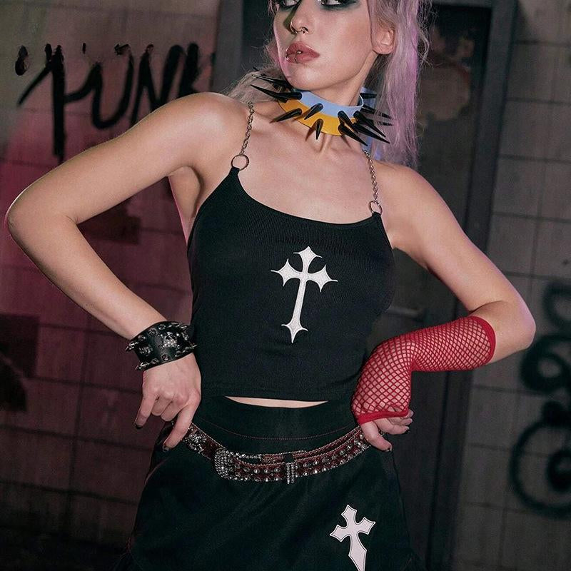 Mysterious  Chain Black Cross Print Black Crop Top Main image