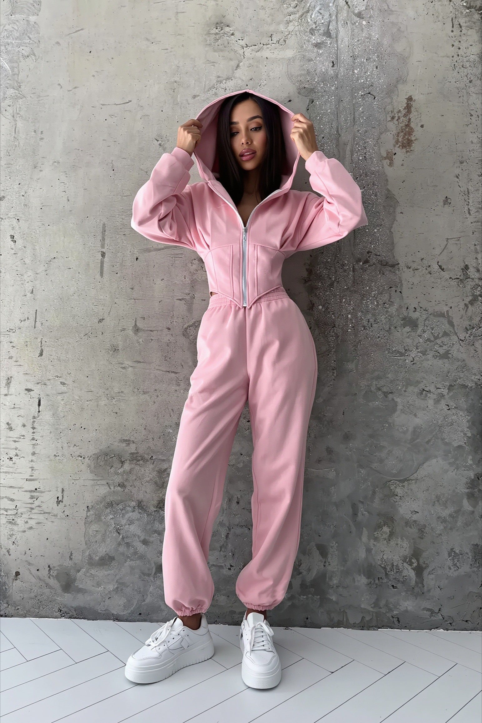 Solid Zip Front Wide Leg Hoodie Two Piece Set Secondary image
