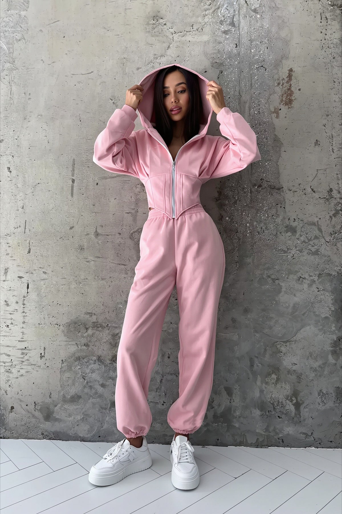Solid Zip Front Wide Leg Hoodie Two Piece Set