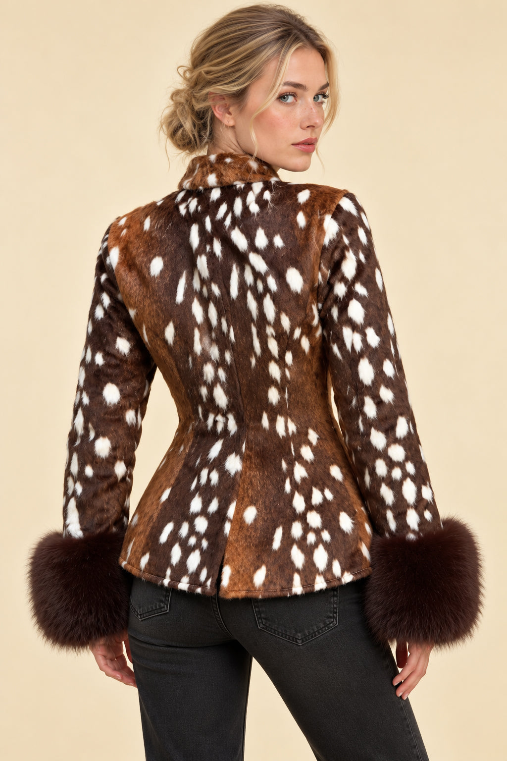 Fur Cuff Animal Print Fitted Coat
