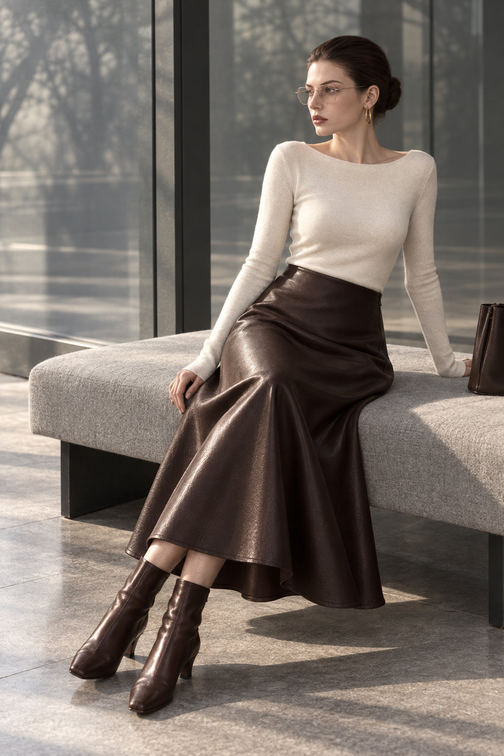 Pleated Faux Graceful Leather Midi Skirt