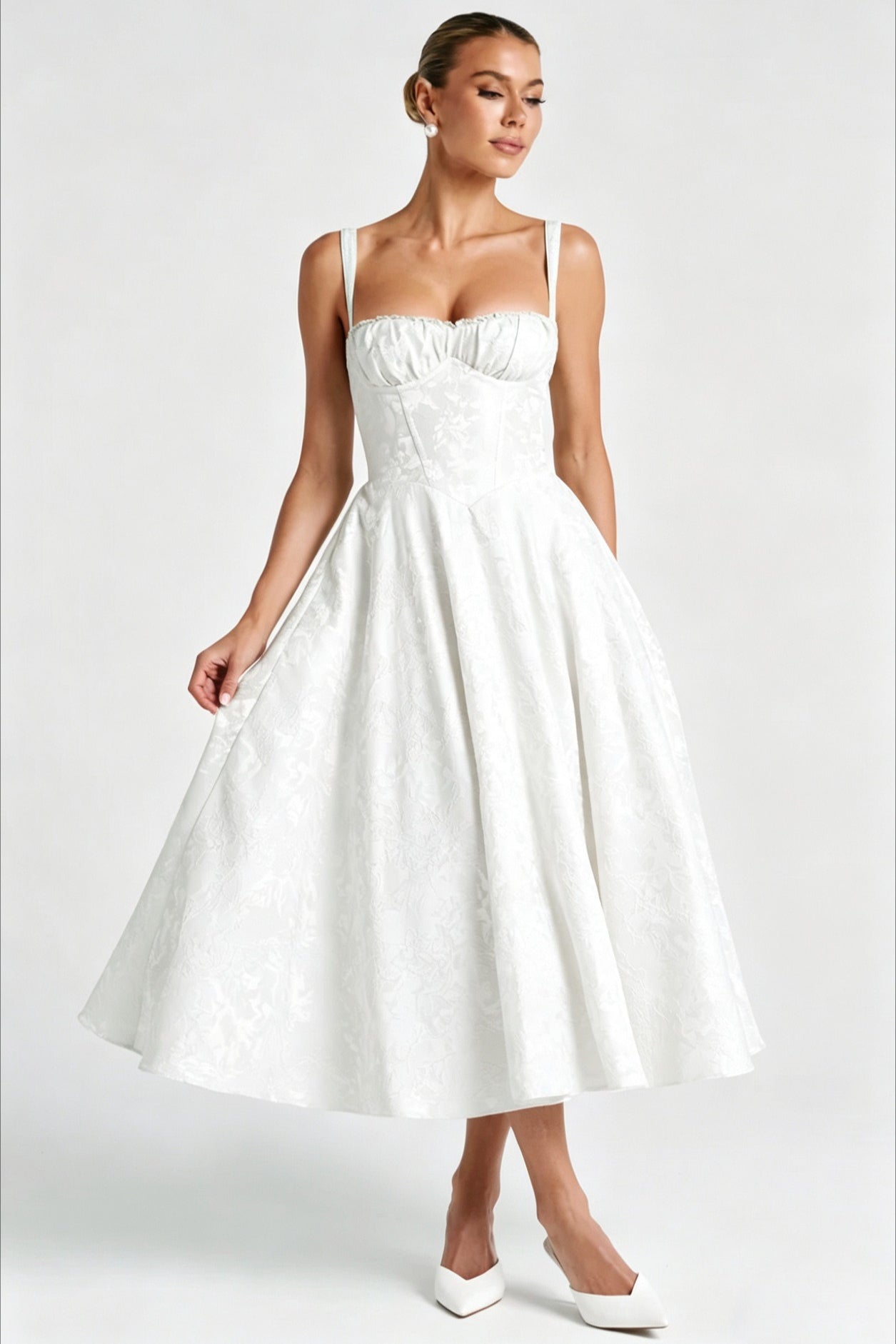 Jacquard Cami Backless Waist Cinched Midi Dress
