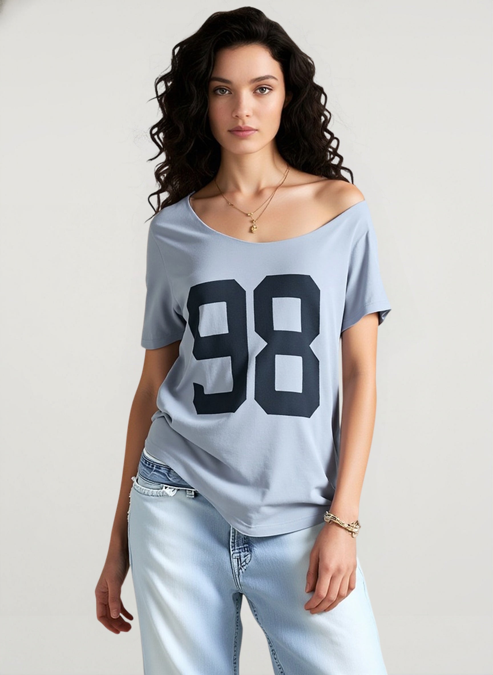 Slouchy Number Print Off Shoulder T-Shirt Main image
