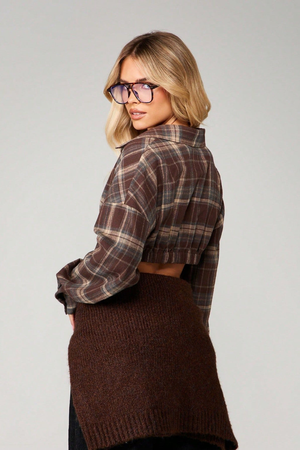 Plaid Elastic Hem Cropped Long Sleeve Blouse