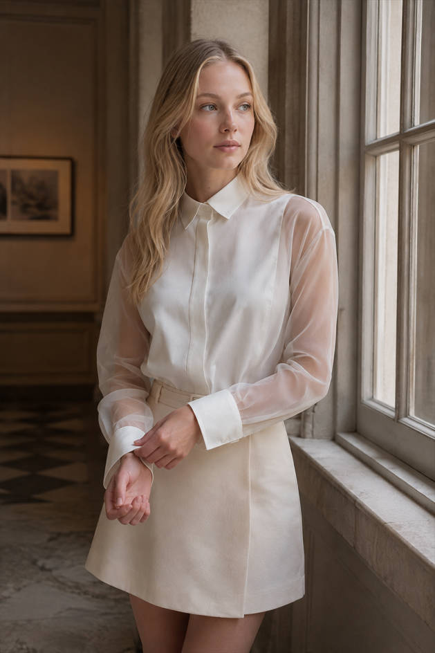 Semi-Sheer Puff Sleeve Organza Shirt