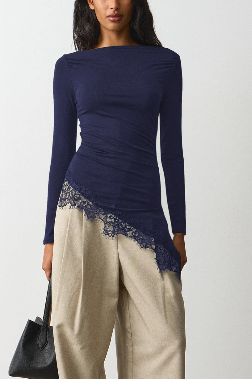 Side Ruched Asymmetric Lace Hem T-shirts