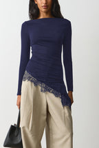 Side Ruched Asymmetric Lace Hem T-shirts