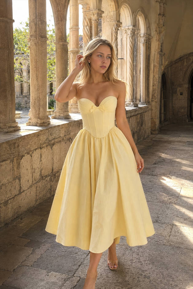 Romantic Bow Boned Strapless Slim Solid Prom Dress