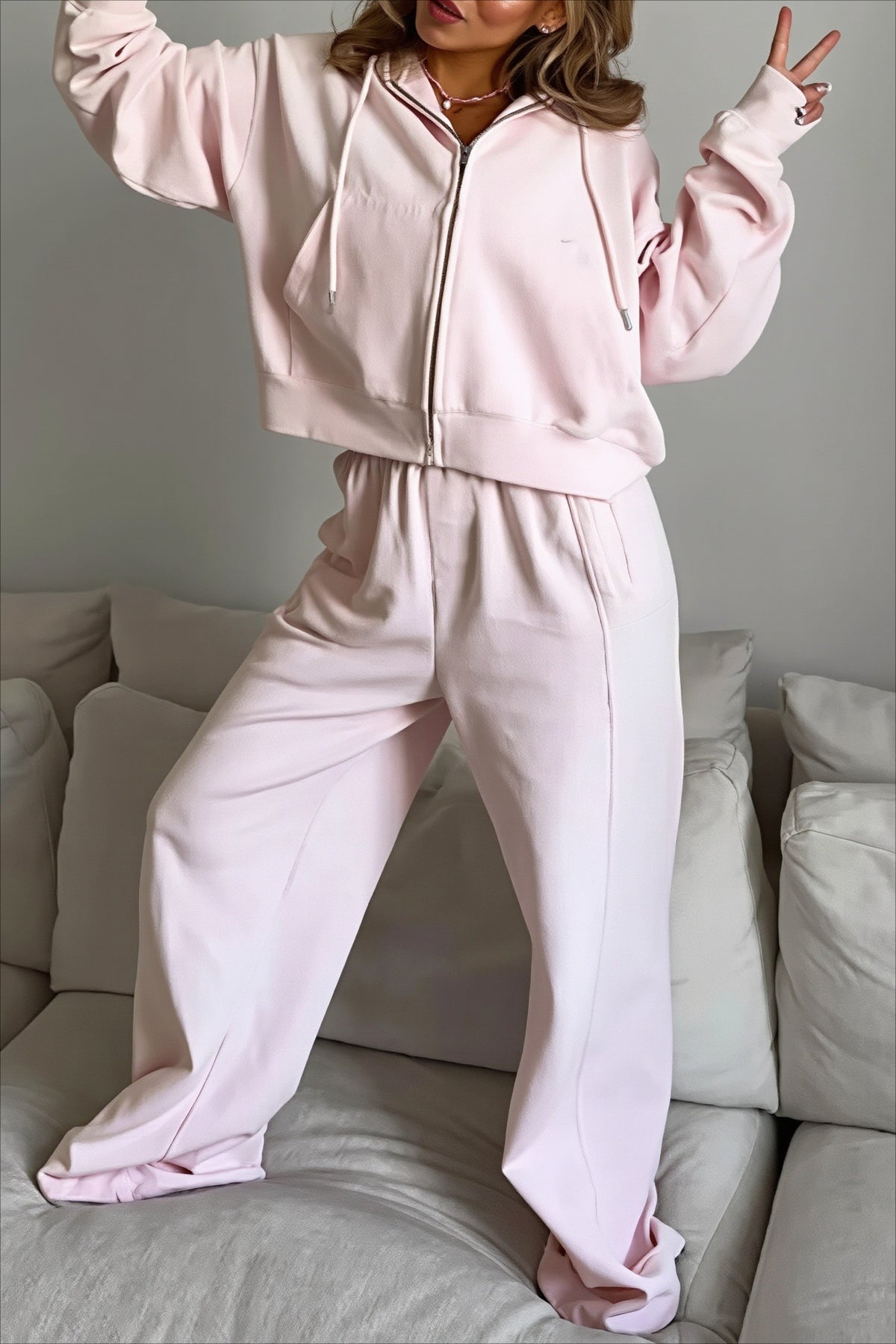 Zip-Up Hoodie Drawstring Pants Two-Piece Set