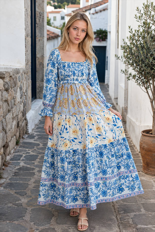 Patchwork Puff Sleeve Boho Dress