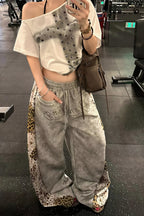 Leopard Panel Drawstring Wide Leg Pants