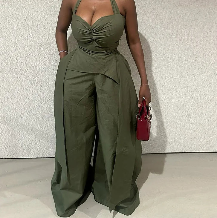 Ruched V Neck Wide Leg Two Piece Pants Set Main image