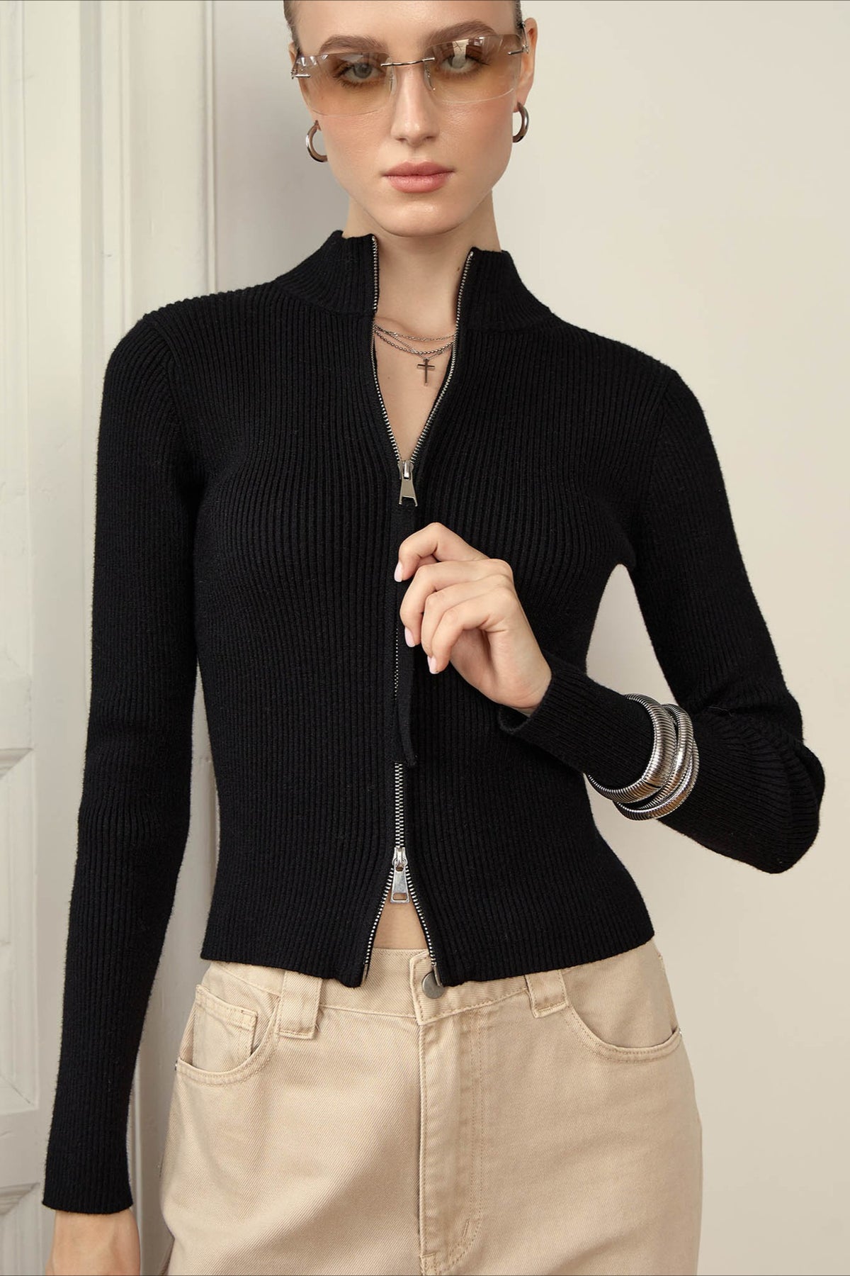 Ribbed Stand Collar Zip Front Fitted Sweater