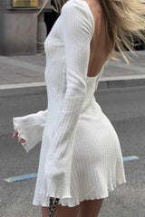 Bell Sleeve Backless Solid Knit Fitted High Waist Mini Sweater Dress