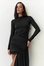 Mock Neck Ruched Asymmetric Panel Mini Dress