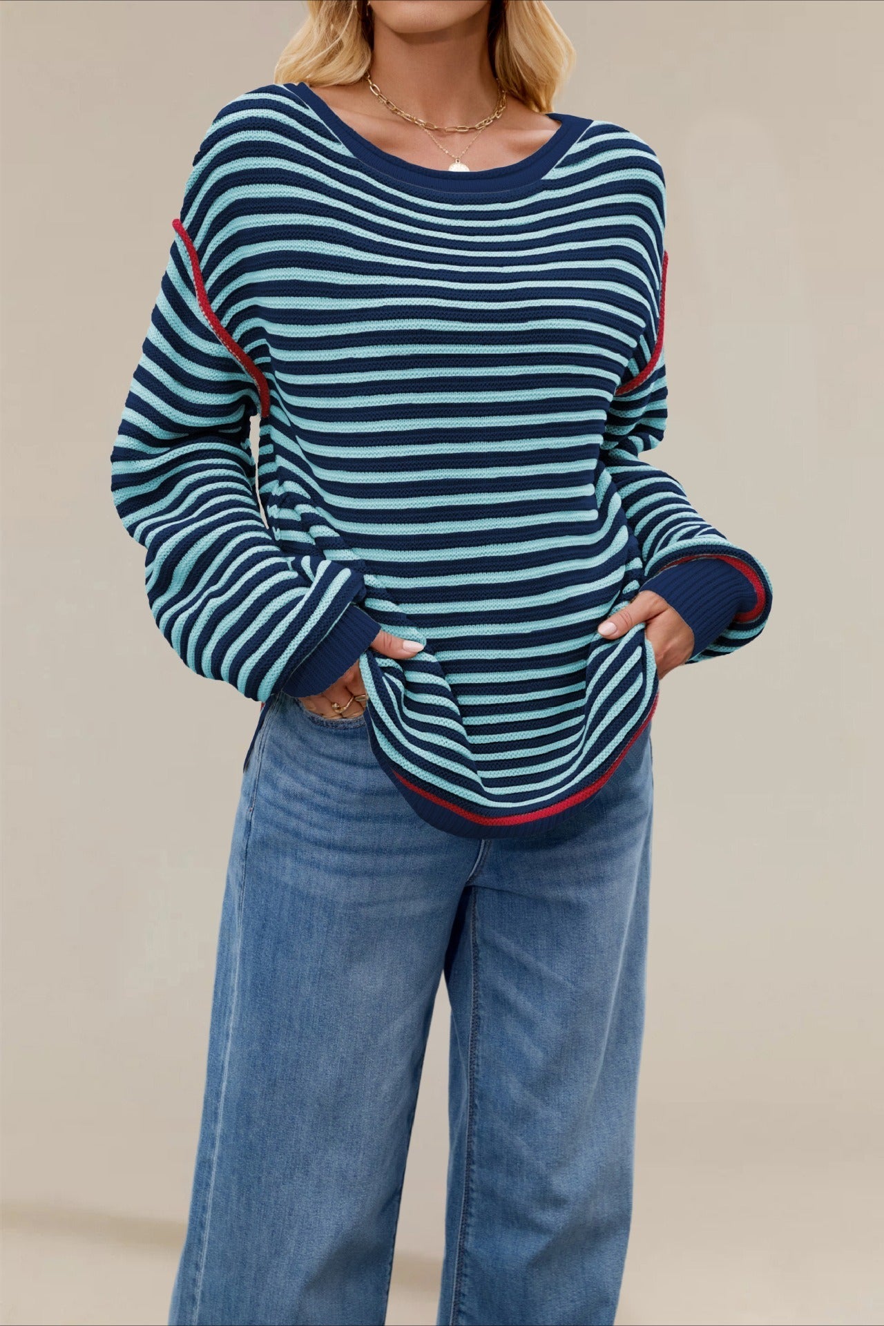 Striped Crew Neck Knit Sweater Main image