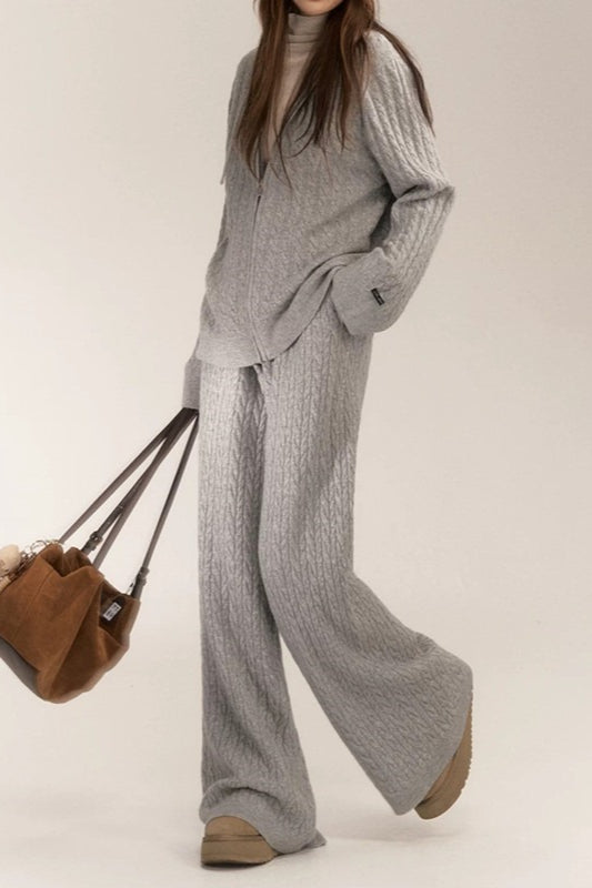 Cable Knit Hoodie Wide Leg Pants Knit Set Secondary image