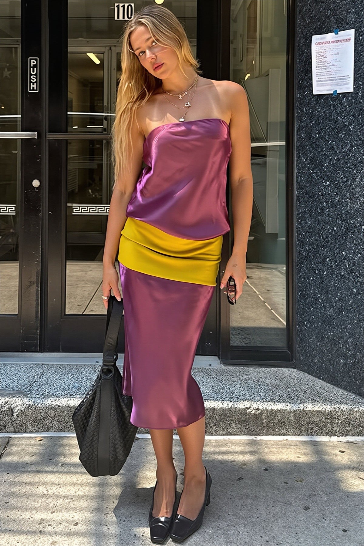 Color Block Strapless Satin Maxi Dress