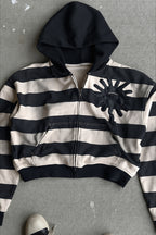 Striped Eye Applique Cropped Zip Hoodie