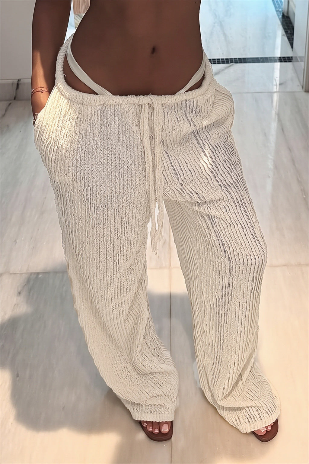 Textured Lace Drawstring Wide Leg Pants