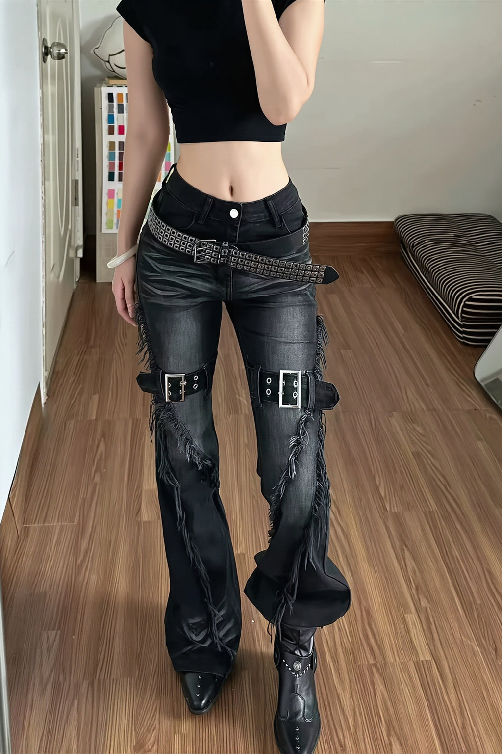 Buckled Panel Low Rise Gothic Flare Jeans