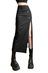 Black Sexy Women A-line Slits High Waist Slim Hip-covering Solid Mid-length Long Streetwear Skirt
