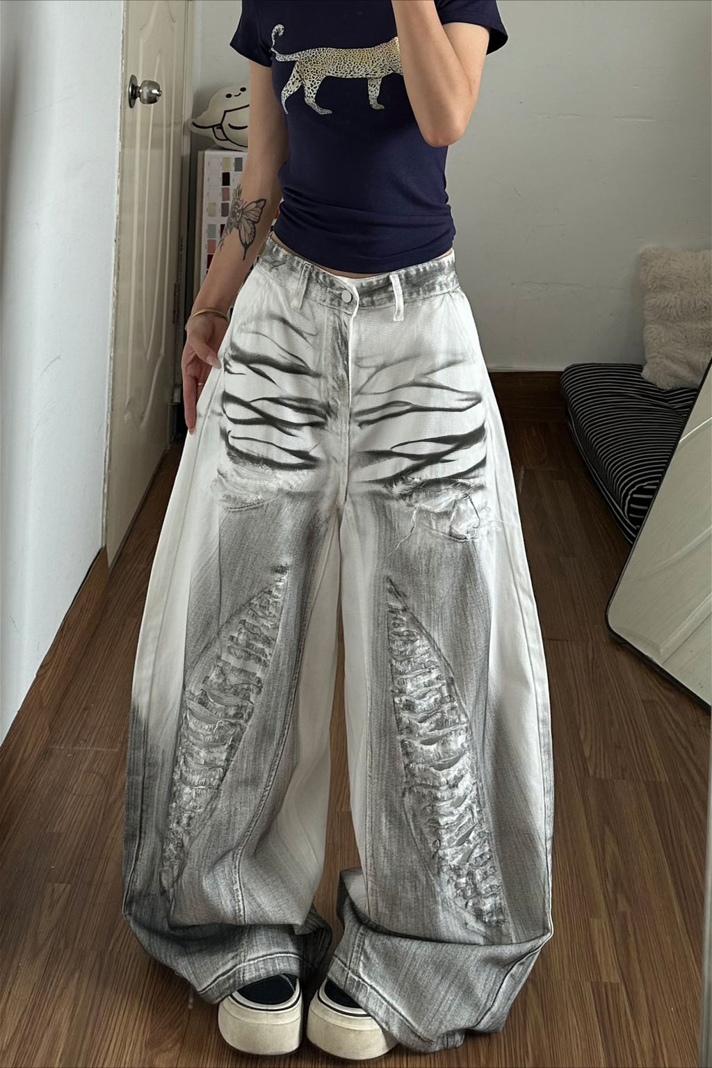 Metallic Torn Effect Wide Leg Jeans