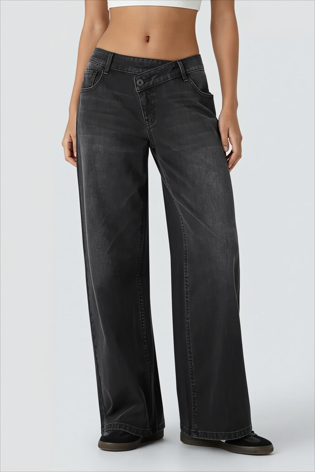 Asymmetric Button Low Rise Wide Leg Jeans