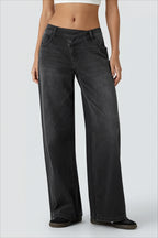 Asymmetric Button Low Rise Wide Leg Jeans