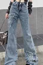 Washed Butterfly Embroidered Flared Jeans