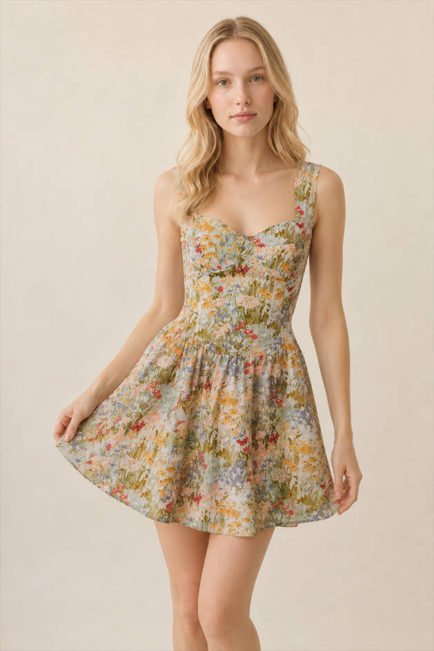 Green V-Neck A-Line Floral Dress