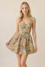 Green V-Neck A-Line Floral Dress